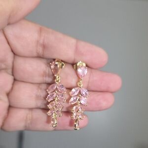 14k Gold Plated Pink Crystal Leaf Drop Earrings - Women Jewelry